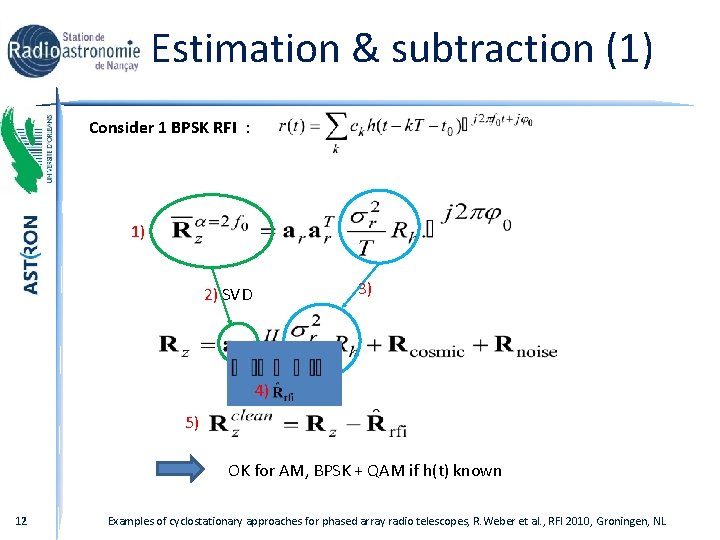 Estimation & subtraction (1) Consider 1 BPSK RFI : 1) 3) 2) SVD 4)