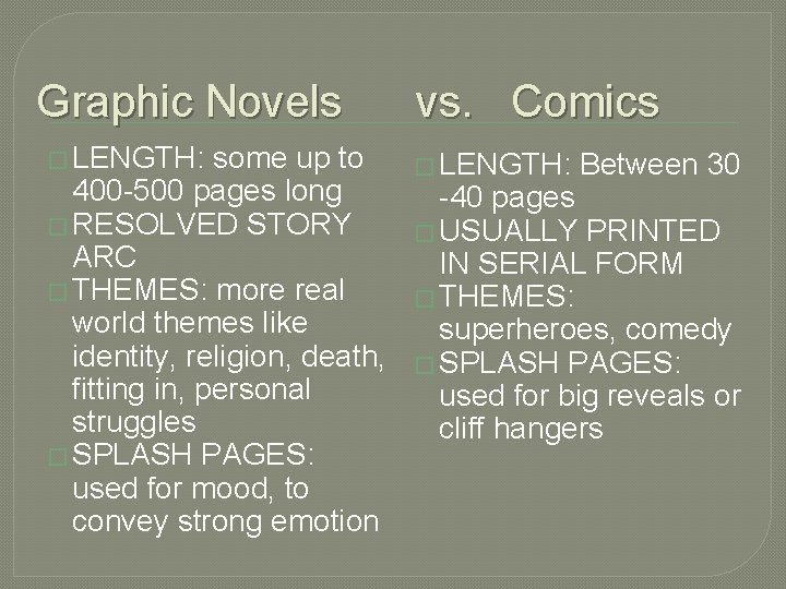 Graphic Novels � LENGTH: some up to 400 -500 pages long � RESOLVED STORY