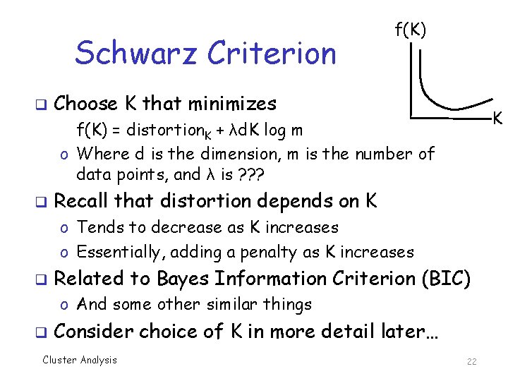 Schwarz Criterion q f(K) Choose K that minimizes K f(K) = distortion. K +