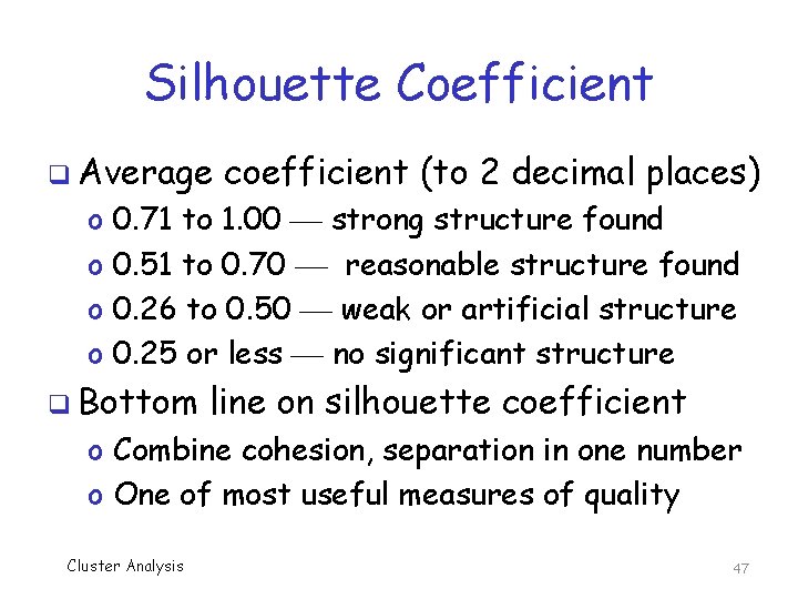 Silhouette Coefficient q Average o o coefficient (to 2 decimal places) 0. 71 to