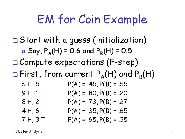 EM for Coin Example q Start with a guess (initialization) o Say, PA(H) =