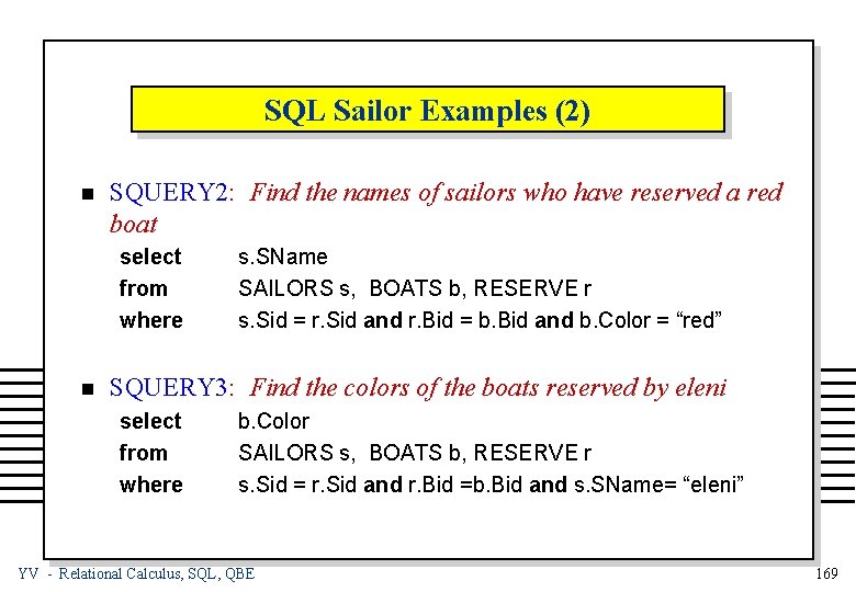 SQL Sailor Examples (2) n SQUERY 2: Find the names of sailors who have