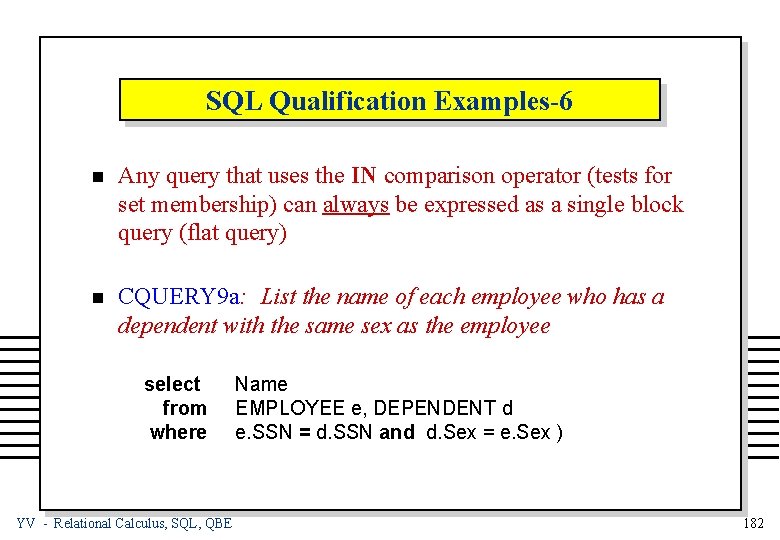SQL Qualification Examples-6 n Any query that uses the IN comparison operator (tests for