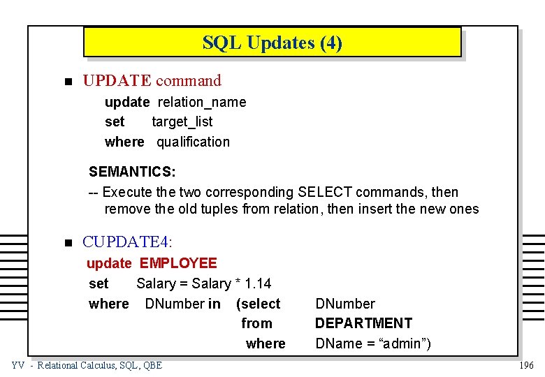 SQL Updates (4) n UPDATE command update relation_name set target_list where qualification SEMANTICS: --