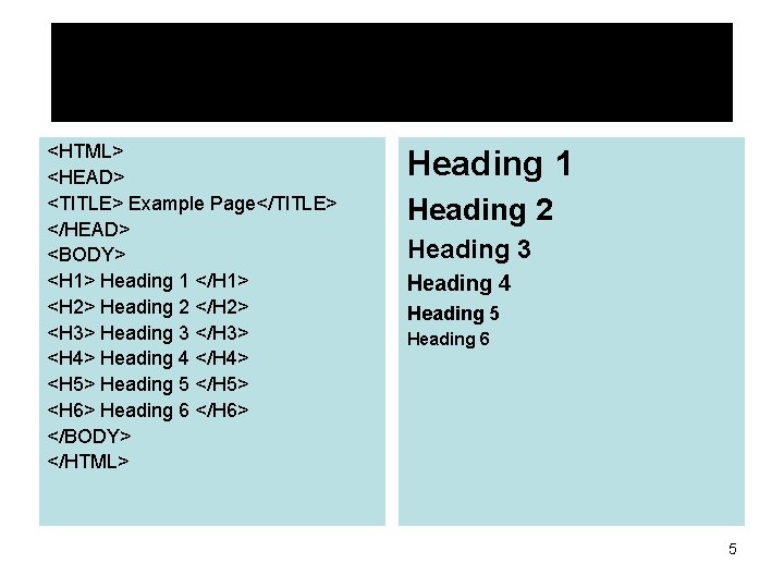 <HTML> <HEAD> <TITLE> Example Page</TITLE> </HEAD> <BODY> <H 1> Heading 1 </H 1> <H