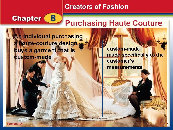 Creators of Fashion Purchasing Haute Couture An individual purchasing a haute-couture design buys a