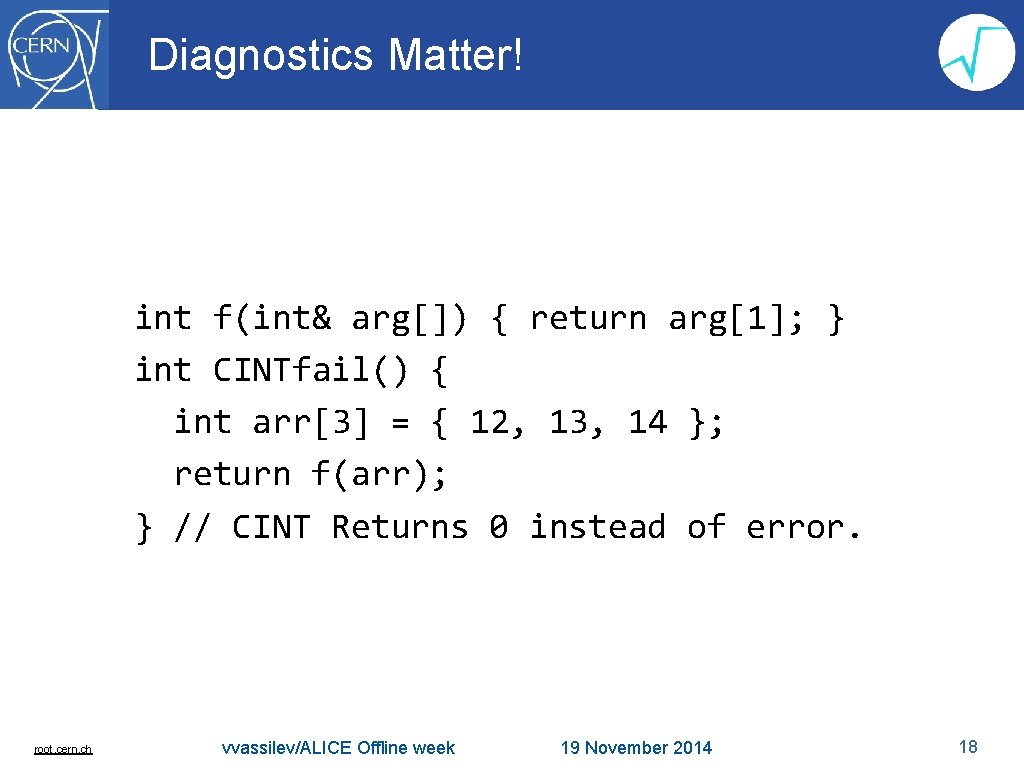Diagnostics Matter! int f(int& arg[]) { return arg[1]; } int CINTfail() { int arr[3]