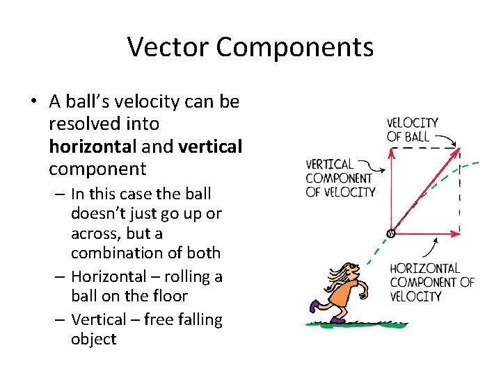 Vector Components • A ball’s velocity can be resolved into horizontal and vertical component