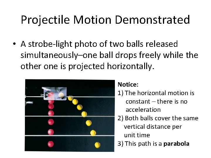 Projectile Motion Demonstrated • A strobe-light photo of two balls released simultaneously–one ball drops