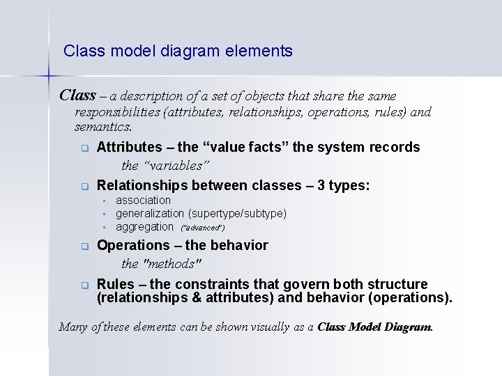 Class model diagram elements Class – a description of a set of objects that