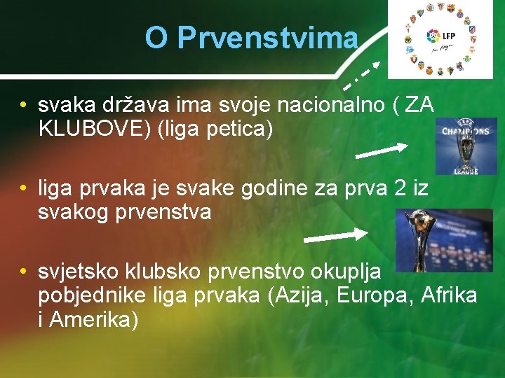O Prvenstvima • svaka država ima svoje nacionalno ( ZA KLUBOVE) (liga petica) •