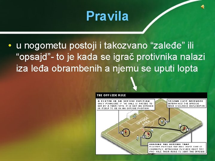 Pravila • u nogometu postoji i takozvano “zaleđe” ili “opsajd”- to je kada se