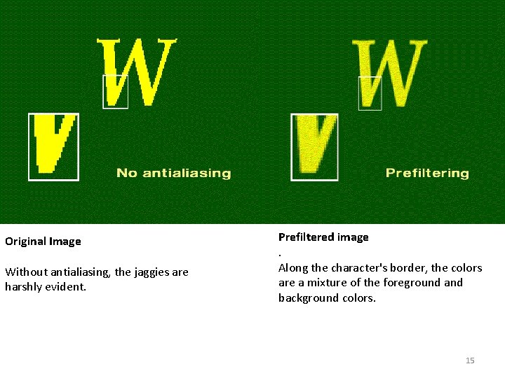 Original Image Without antialiasing, the jaggies are harshly evident. Prefiltered image. Along the character's