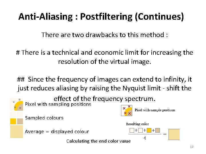 Anti-Aliasing : Postfiltering (Continues) There are two drawbacks to this method : # There