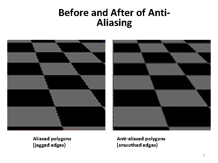 Before and After of Anti. Aliasing Aliased polygons (jagged edges) Anti-aliased polygons (smoothed edges)