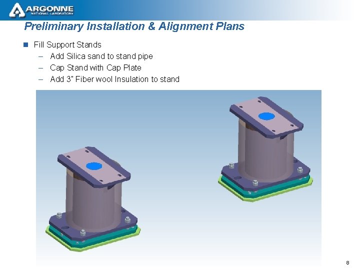 Preliminary Installation & Alignment Plans n Fill Support Stands – Add Silica sand to