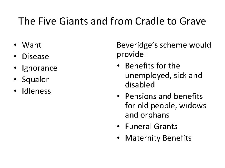 The Five Giants and from Cradle to Grave • • • Want Disease Ignorance