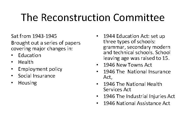 The Reconstruction Committee Sat from 1943 -1945 Brought out a series of papers covering