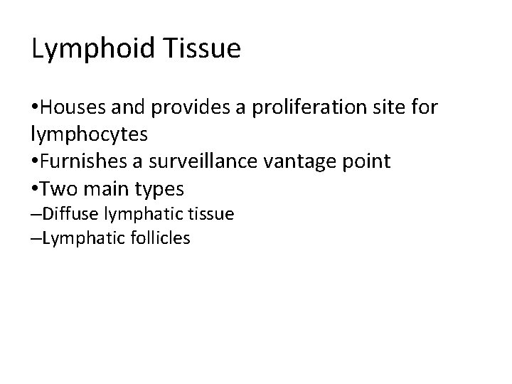 Lymphoid Tissue • Houses and provides a proliferation site for lymphocytes • Furnishes a