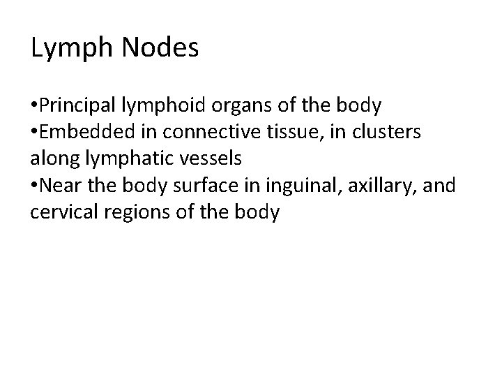 Lymph Nodes • Principal lymphoid organs of the body • Embedded in connective tissue,