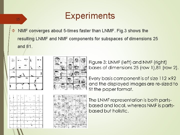 15 Experiments NMF converges about 5 -times faster than LNMF. Fig. 3 shows the