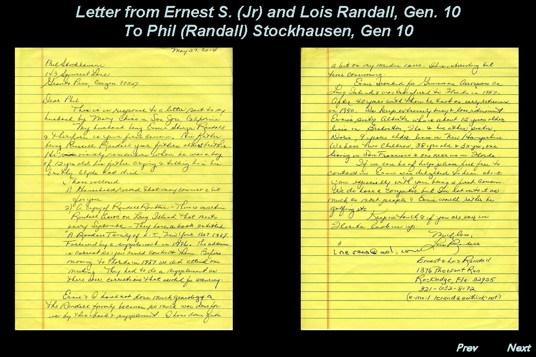 Letter from Ernest S. (Jr) and Lois Randall, Gen. 10 To Phil (Randall) Stockhausen,