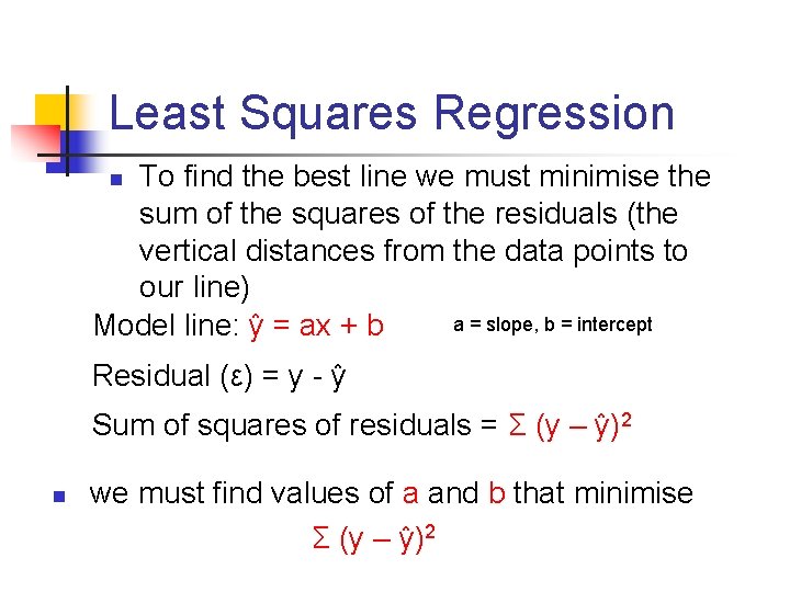 Least Squares Regression To find the best line we must minimise the sum of