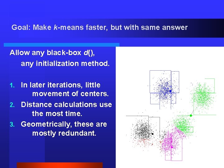 Goal: Make k-means faster, but with same answer Allow any black-box d(), any initialization