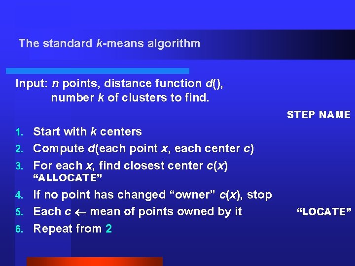 The standard k-means algorithm Input: n points, distance function d(), number k of clusters