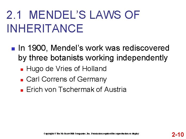 2. 1 MENDEL’S LAWS OF INHERITANCE n In 1900, Mendel’s work was rediscovered by