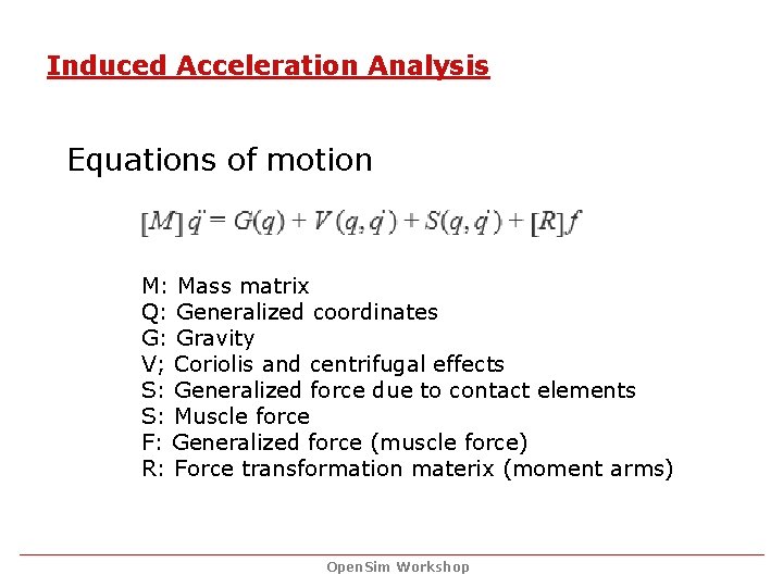 Induced Acceleration Analysis Equations of motion M: Mass matrix Q: Generalized coordinates G: Gravity