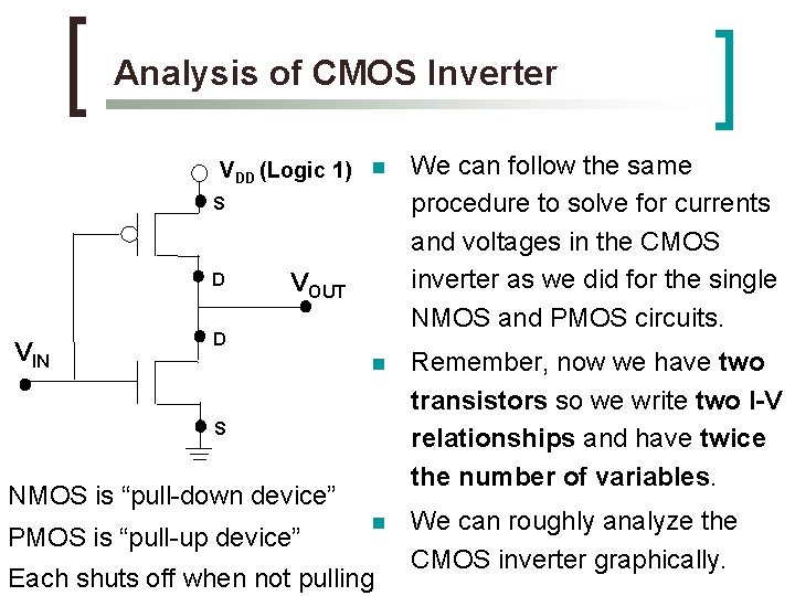 Analysis of CMOS Inverter VDD (Logic 1) n S D VIN VOUT D n Analysis of CMOS Inverter VDD (Logic 1) n S D VIN VOUT D n