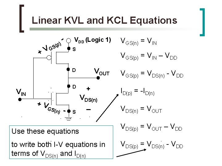 Linear KVL and KCL Equations GS V + (p) - VDD (Logic 1) S Linear KVL and KCL Equations GS V + (p) - VDD (Logic 1) S