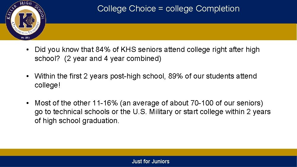 College Choice = college Completion • Did you know that 84% of KHS seniors