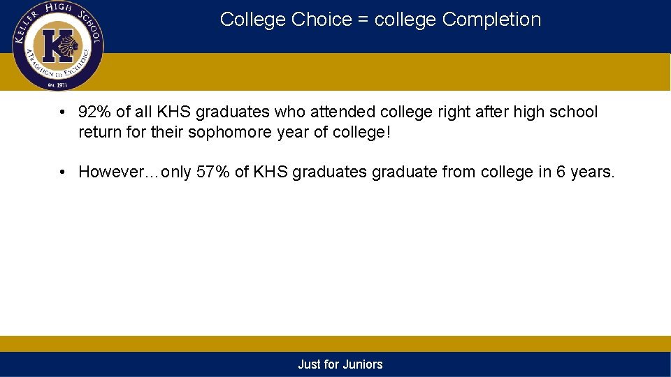 College Choice = college Completion • 92% of all KHS graduates who attended college