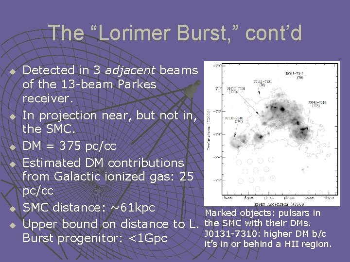 The “Lorimer Burst, ” cont’d u u u Detected in 3 adjacent beams of
