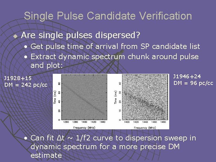 Single Pulse Candidate Verification u Are single pulses dispersed? • Get pulse time of