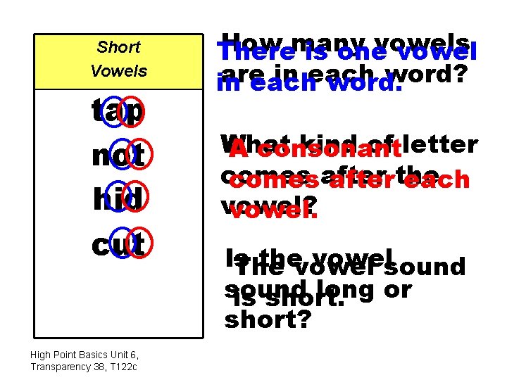 Short Vowels tap not hid cut High Point Basics Unit 6, Transparency 38, T