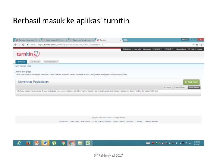 Berhasil masuk ke aplikasi turnitin Sri Rakhmiyati 2017 