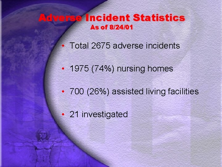 Adverse Incident Statistics As of 8/24/01 • Total 2675 adverse incidents • 1975 (74%)