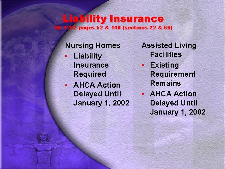 Liability Insurance SB 1202 pages 52 & 140 (sections 22 & 66) Nursing Homes