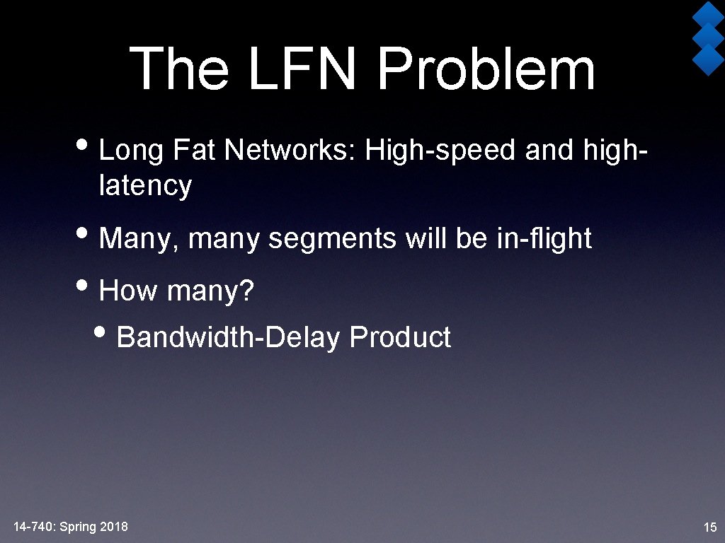 The LFN Problem • Long Fat Networks: High-speed and highlatency • Many, many segments