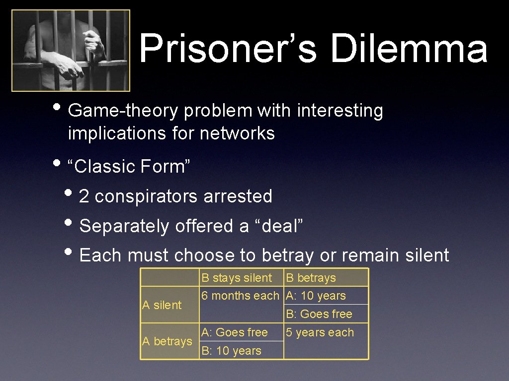 Prisoner’s Dilemma • Game-theory problem with interesting implications for networks • “Classic Form” •