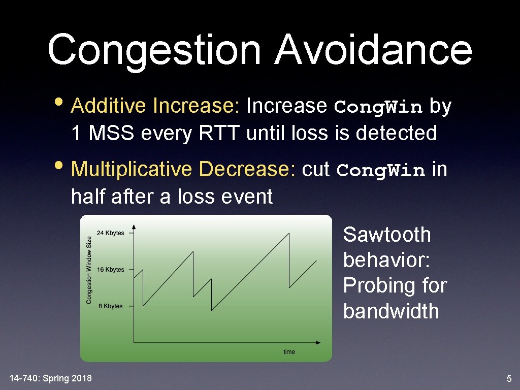 Congestion Avoidance • Additive Increase: Increase Cong. Win by 1 MSS every RTT until