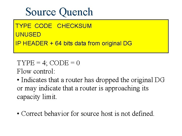 Source Quench TYPE CODE CHECKSUM UNUSED IP HEADER + 64 bits data from original