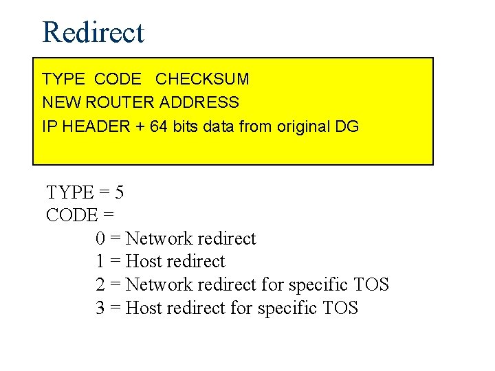 Redirect TYPE CODE CHECKSUM NEW ROUTER ADDRESS IP HEADER + 64 bits data from