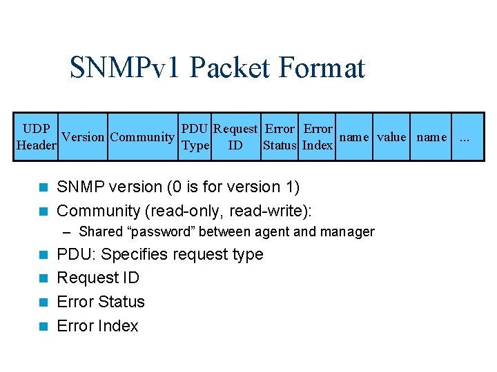 SNMPv 1 Packet Format UDP PDU Request Error Version Community name value name. .