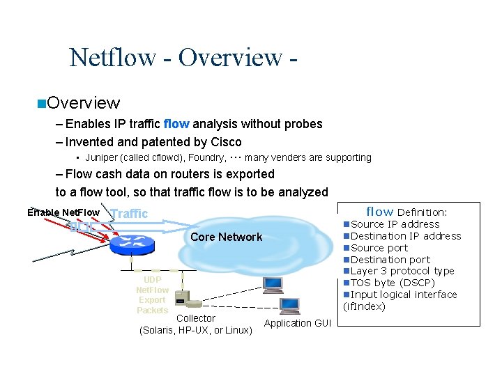 Netflow - Overview n. Overview – Enables IP traffic flow analysis without probes –