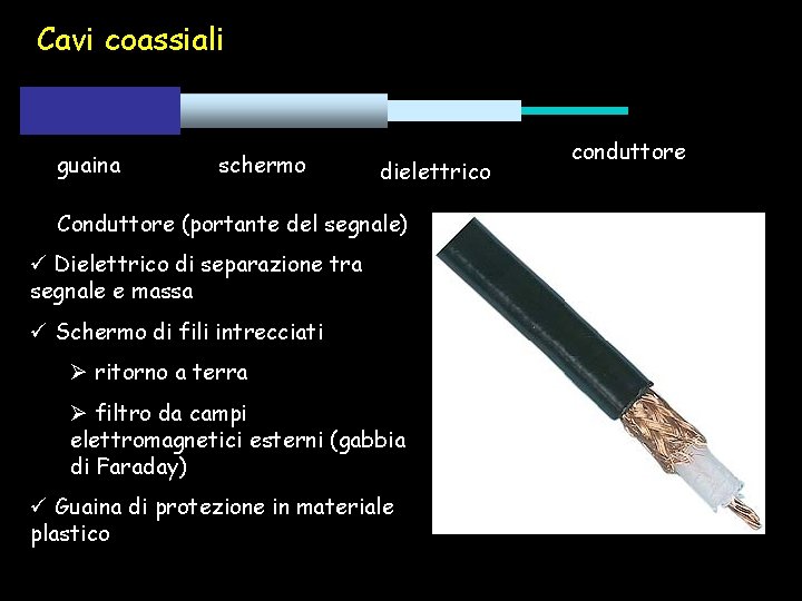 Cavi coassiali guaina schermo dielettrico conduttore Conduttore (portante del segnale) Dielettrico di separazione tra