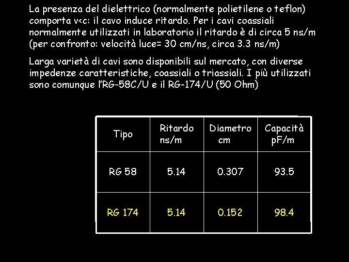 La presenza del dielettrico (normalmente polietilene o teflon) comporta v<c: il cavo induce ritardo.